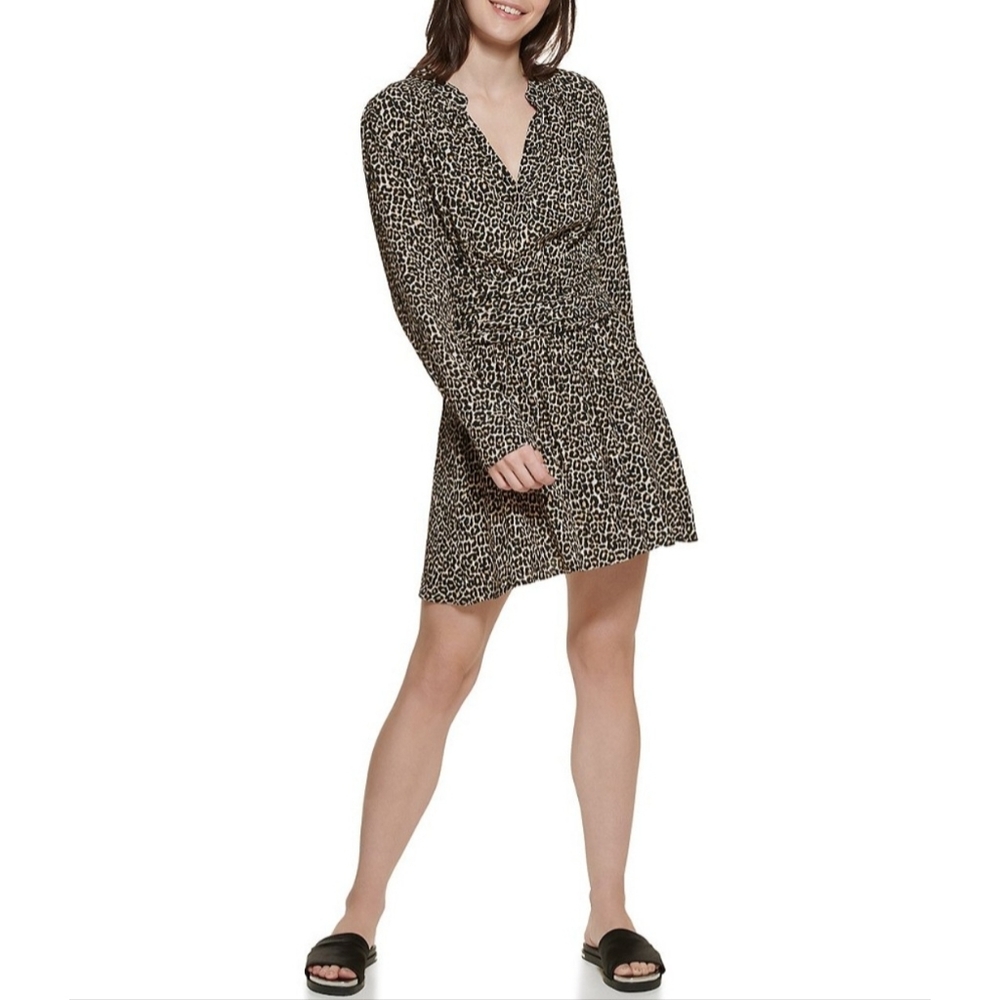 NWT DKNY Leopard Print Split V-Neck Long Sleeve Ruched Blouson Dress Small